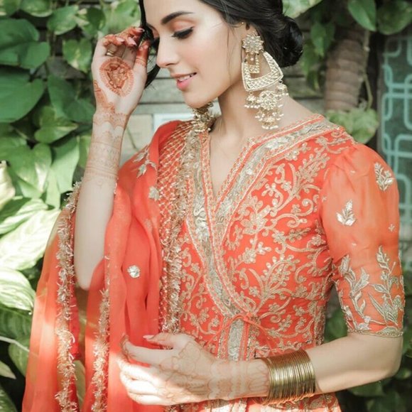 Faiza Saqlain Gulafsa - 3pc Orange Embroidered Chiffon Angrakha Lehenga - Picture 4 of 5